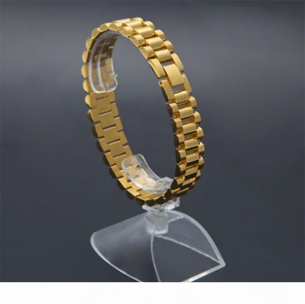 

luxury 15mm 22cm men watch band bracelet gold plated stainless steel strap solid links cuff bangles jewelry gift, Bronze;slivery