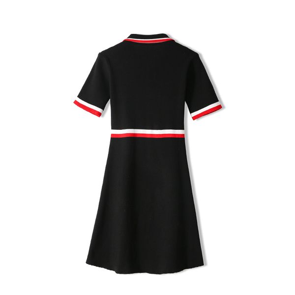 

spring luxury jacquard elegant dress women striped edge short sleeve lapel bow buttons dress knitted lady dresses, White