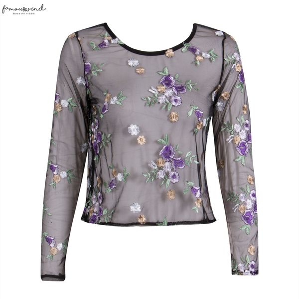 

womens sweet flower embroidery mesh blouses transparent see through blouse long sleeve shirts female brand blusas, White