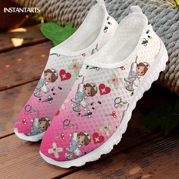 

instantarts pink and white gradient health pattern women flats shoes slip on casual female nursing shoe walk sneaker light, Black