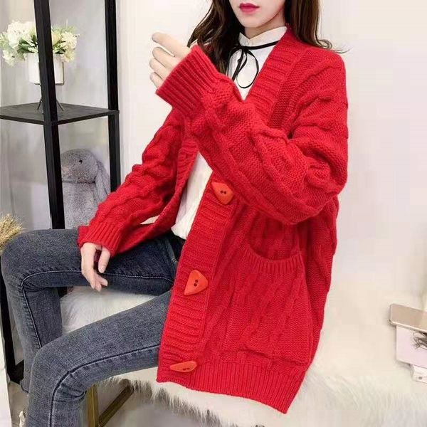 

2020 new knitted cardigan mid-length loose all-match lazy style twist women's coat sweater sweater cardigan coat, White;black