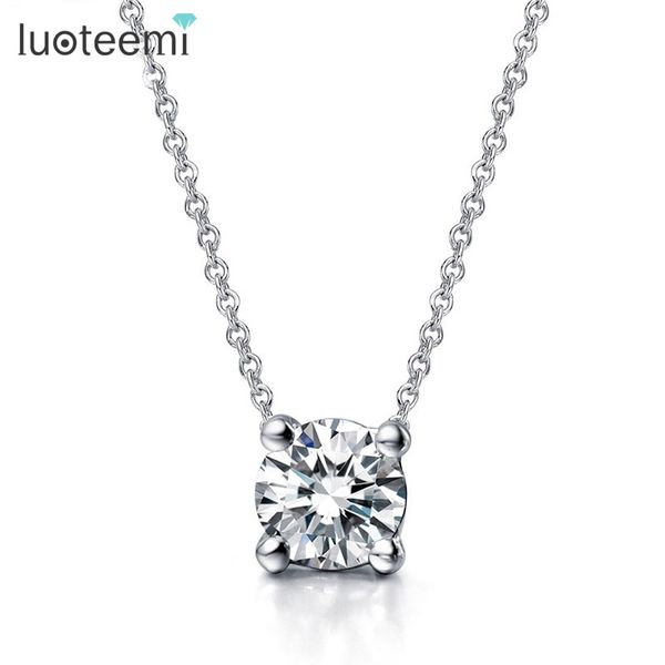 

luoteemi female style beautiful rose gold-color 4 prongs 7mm round cz stone pendant necklace for women fashion bijoux, Silver