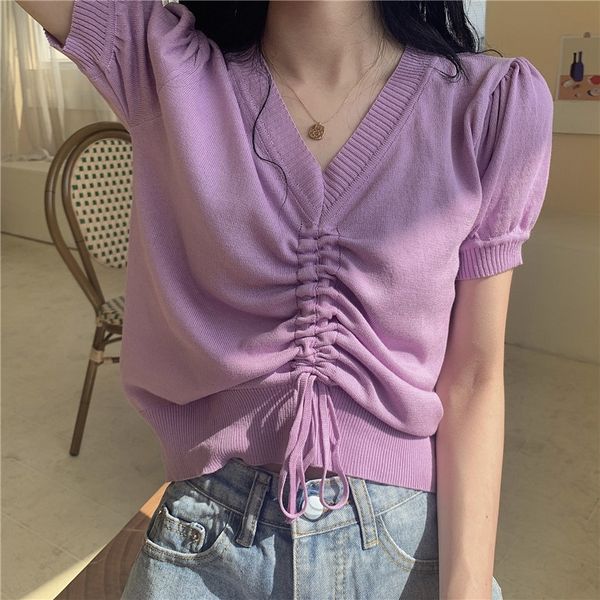 

2020 new drawstring short women's aging bubble 2020 new drawstring short sleeve women's knitwear knitwear aging bubble sleeve top, White;black