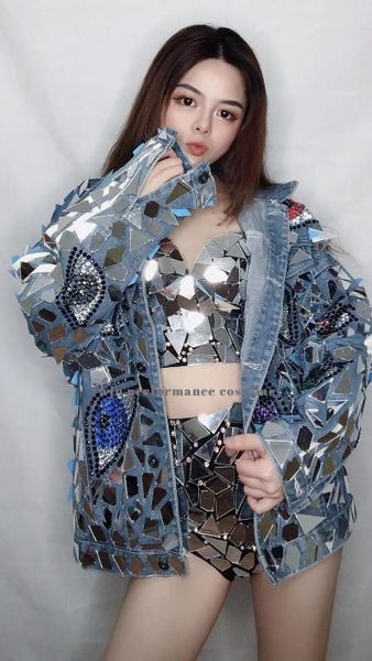 

hand sewing mirror costume women set stage bodysuit ds party performance nightclub jumpsuit bar gogo dance outfit 10339, Black;red