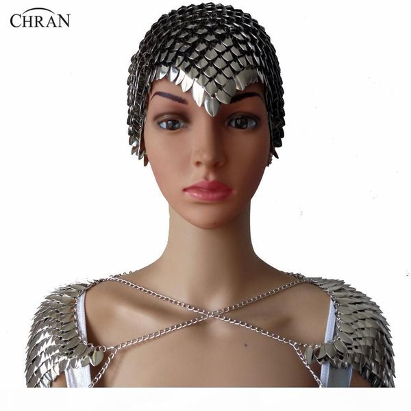 

j chran chainmail маска бюстгальтер чешуйчатого плечо броня косплей burning man headdress head chain оголовье средневековой ren faire ювелир, Silver