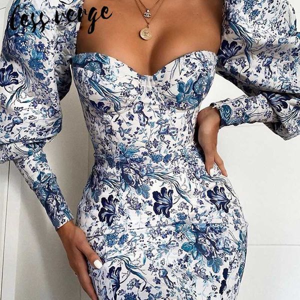 

lessverge цветочные старинные печати синий bodycon платье слоеного рукав мини осень зима платье китаянок партия ночь элегантные платья, Black;gray