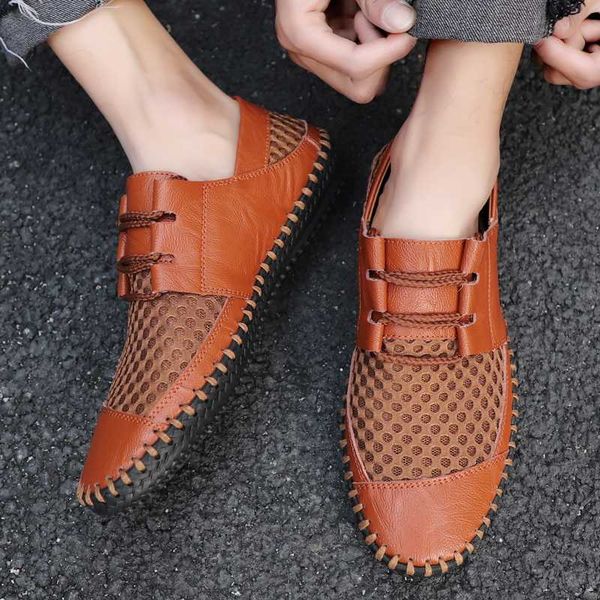

leather mesh men's board shoes handmade tide shoes summer breathable casual microfiber loafers soft comfortable %, Black