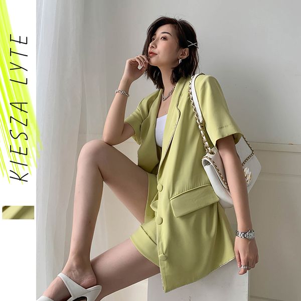 

women two piece sets blazer and pants work suit fashion high street bright green shorts pant 2 pieces casual outfits feminino, White;black