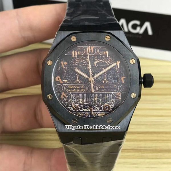 

4 styles 41mm all black selfwinding automatic mens watch 15400st carved arabic dial black pvd steel bracelet gents sport watches, Slivery;brown