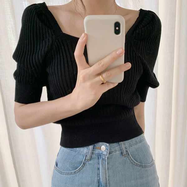 

2020 women's new jumper women solid color square collar jacket loose casual puff short sleeve sweater femme, White;black
