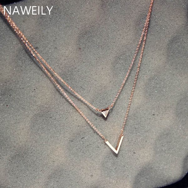 

luxury triangle zircon letter v pendant necklace for women clavicle short necklace fashion rose gold geometric layered, Silver