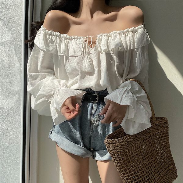 

women's blouses & shirts blouse women shirt retro loose off shoulder strap chiffon long sleeve ladies bl013, White