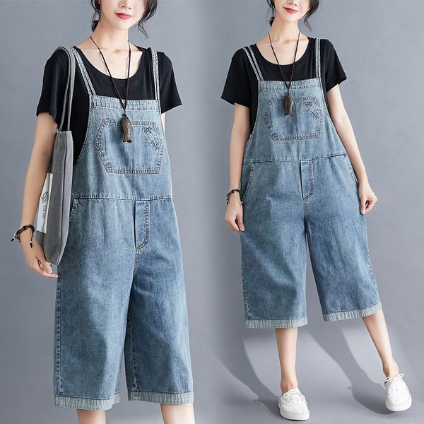 

7yl7l -2xl jumpsuit gings wide wide leg fat mm denim suspender pants women's loose age-reducing all-match cropped wide-leg pants slimm, Blue