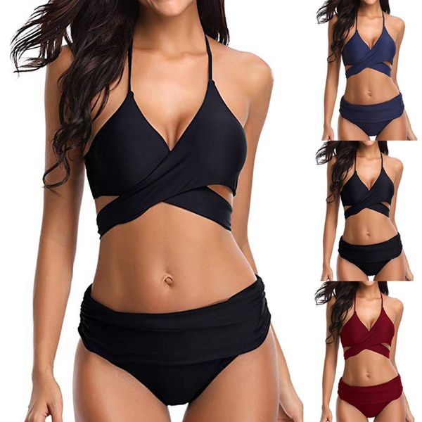 

women swimsuit two piece retro halter ruched high waist solid bikini set