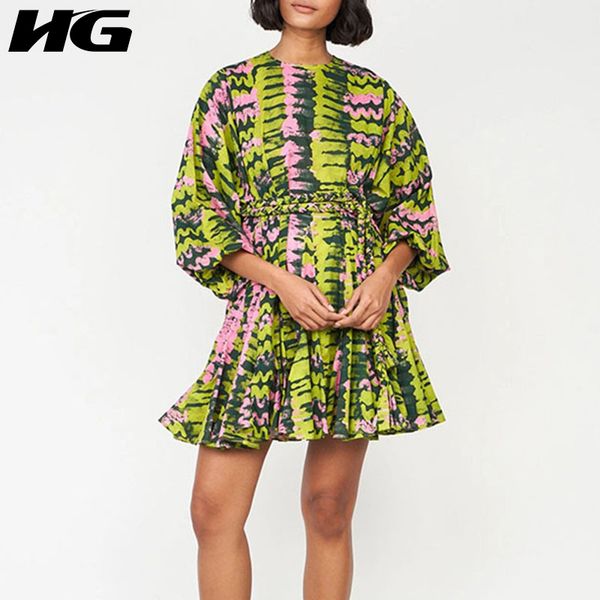 

casual dresses hg print pattern drawstring waist ruffles dress women 2021 autumn fashion style temperament high zp2211, Black;gray