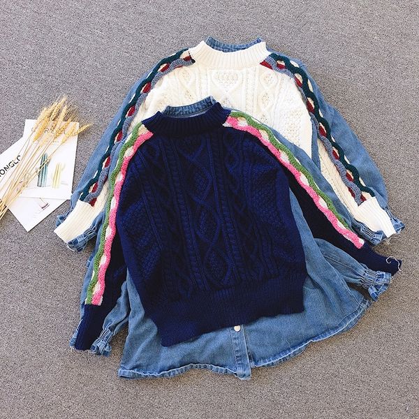 

kideq 19 korean new contrast sweater shirtshirt shirtcolor spiral pattern knitted round neck stitching denim fashion all-match shirt women&#, White;black