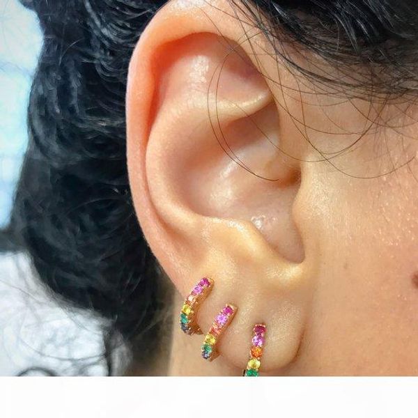 

huggie hoop earring paved rainbow cubic zirconia cz fashion jewelry for women 925 sterling silver delicate minimal stunning earrings, Golden;silver