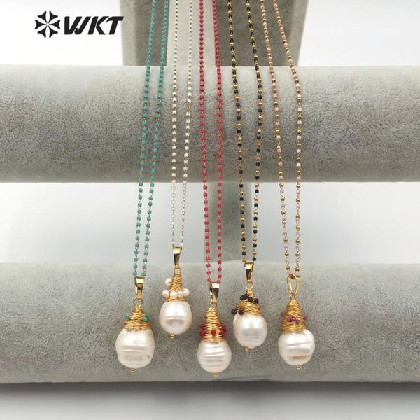 

wt-jn090 natural round baroque pearl copper wire winding pendant with gem-stone chain necklace woman jewelry t200113, Silver