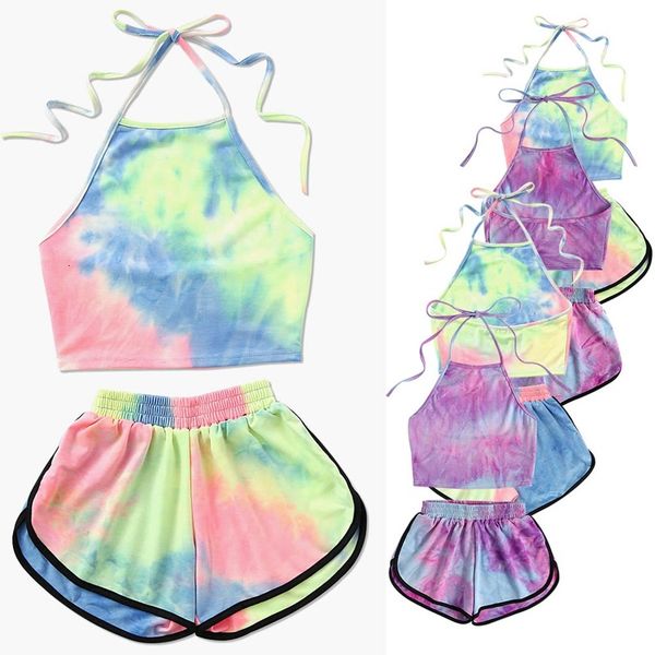 

fashion outfit tracksuit tie-dye gradient halter crop and shorts two 2 piece set women summer new fashion tank suits, Gray