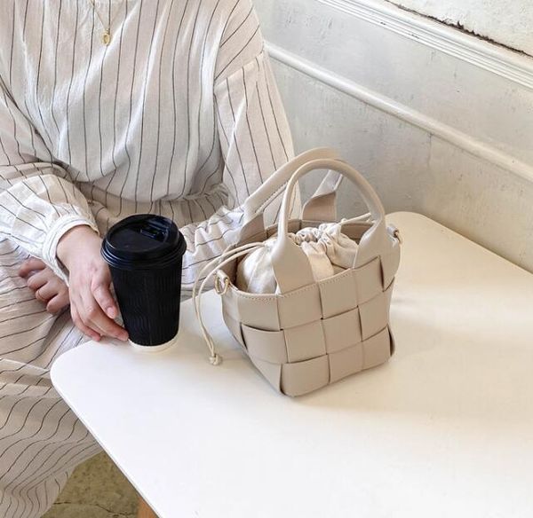 

women mini bucket bag fashion crossbody handbag pu woven bag girls beach bag