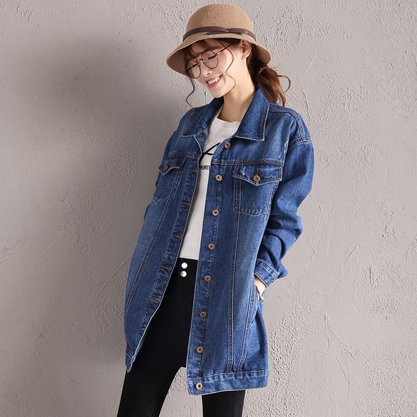 

autumn new long loose women's denim jacket scratches simple bfstyle long sleeve denim jacket, Black;brown
