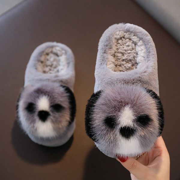 

slipper 2021 children cotton shoes kids home slippers boys and girls baby cute puppy ears plush ball thickening warm indoor, Black;grey