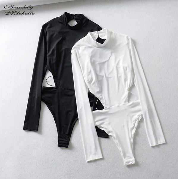 

bradely мишель 2020 сексуальных женщин моды тонкая твердая полный рукав без спинки вершины бандаж осени трико с скрытой кнопкой, Black;white