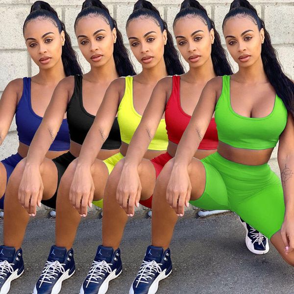 

fitness women sportwear tracksuit casual neon tank v neck crop bikers short pants suit two piece set outfit jogging set, Gray
