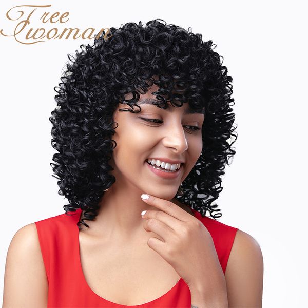 

oman 14inches afro kinky curly wig with bangs synthetic short wigs for black women natural heat resistant black wig