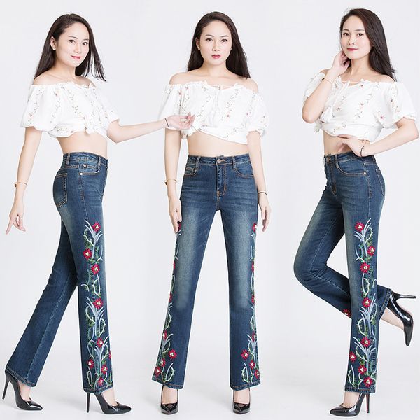 

brand flare pants 2020 skinny high waist jeans women streetwear handmade beading embroidery casual pants plus size blue trousers