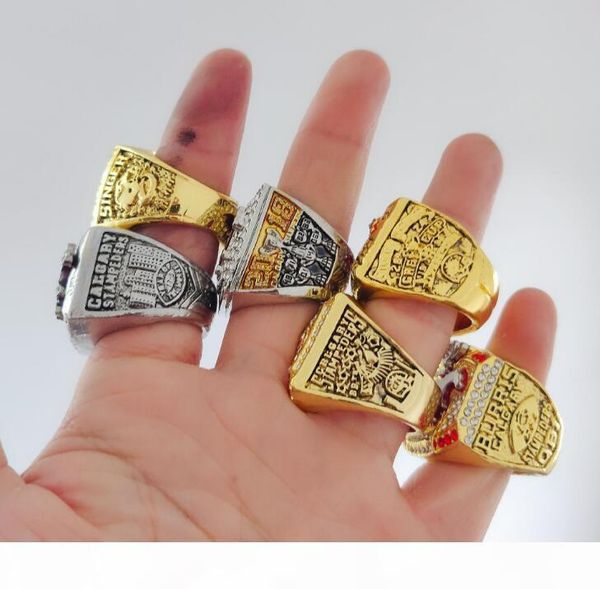 

f 6pcs calgary stampeders grey cup championship ring set with wooden display box case men fan souvenir gift wholesale 2019 drop shippin, Golden;silver
