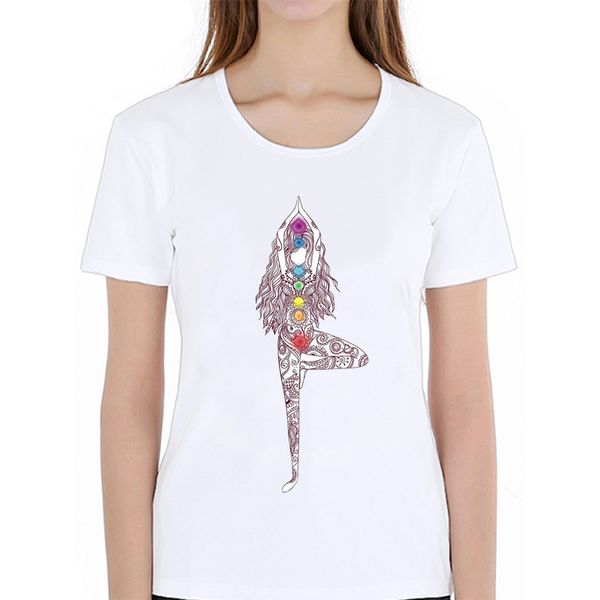 

yo ga woman buddha mandala chakra energy lotus power centers zen t-shirt summer women short sleeve woman cute girl tees, White