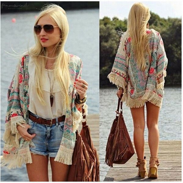 

2020 new women ladies summer beachwear cover up long sleeve retro boho floral lace cardigan tassel hippie kimono blouse dropshipping, White