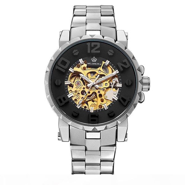 

orkina mens watches golden skeleton automatic mechanical watch floating numerals relogio masculino, Slivery;brown