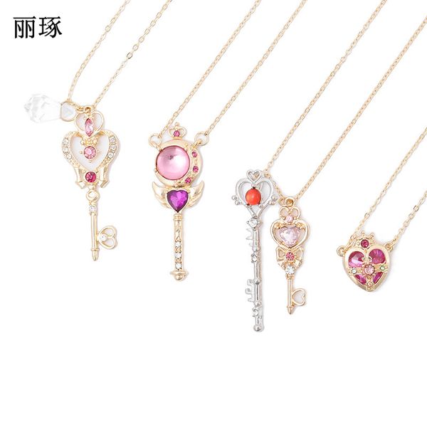 

japanese sailor moon necklace female time gem scepter key crown crystal zircon copper alloy ornament, Silver