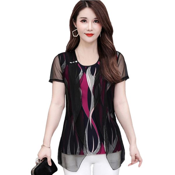 

women's blouses & shirts 5xl large size women short sleeve chiffon mesh mother fake two pieces summer fashion stripe pullover, White