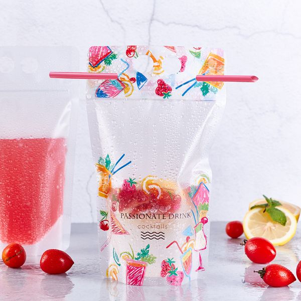 

500ml Fruit pattern Plastic Drink Packaging Bag Pouch for Beverage Juice Milk Coffee, with Handle and Holes for Straw LX0462