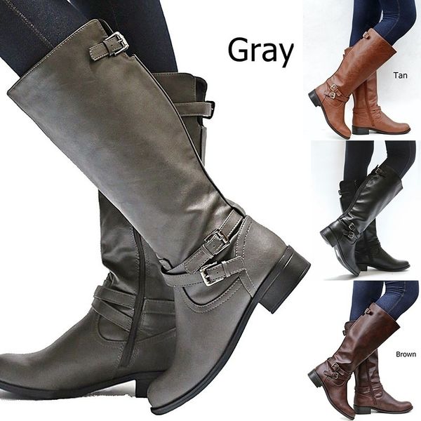 

новый 2020 мода осень зима кожа boots женщины повседневная zipper boots колено высокие vintage roman пряжка женская обувь, Black
