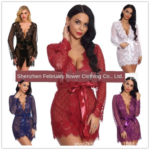 

women's kimono robe lace underwear gauze mesh pajamas cardigan underwear home clothes women's home clothes, Blue;red