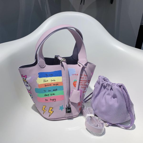 

designer purple mother and child bag ladies fashion personality graffiti vegetable basket bucket bag youth trend wild diagonal bag 665