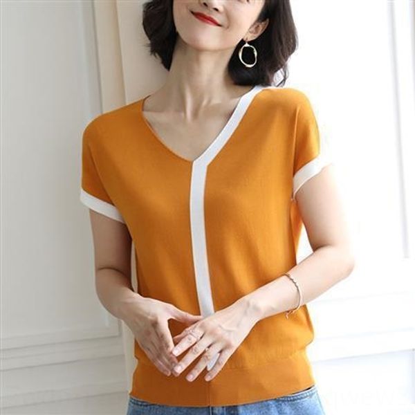 

2020 new korean style ice silk short-sleeved knitted t-shirt t-shirt women's loose thin v-neck bat sleeve bottoming top, White