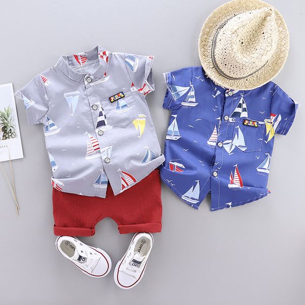 

popular childrens clothing wholesale childrens fashion stand collar short sleeve full printed sailing cartoon clothes set to sell, White