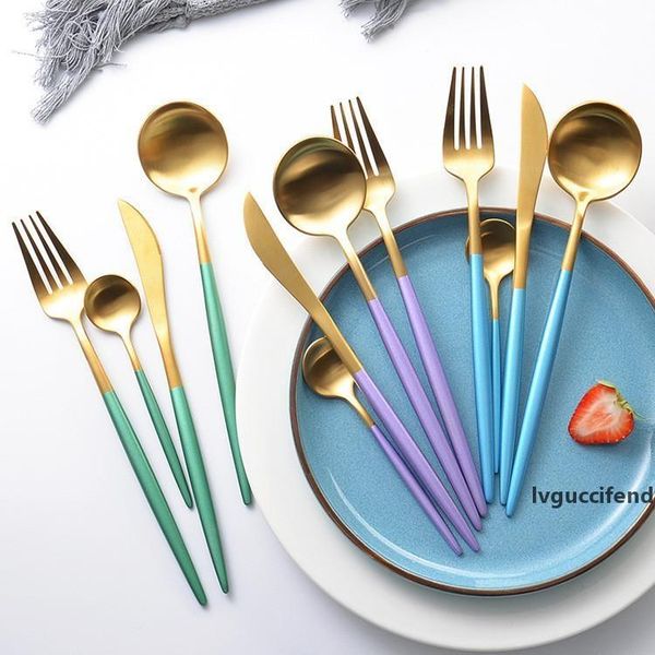 

18 8 flatware silverware cutlery gold stainless steel fork knife spoon with green blue purple handle wedding