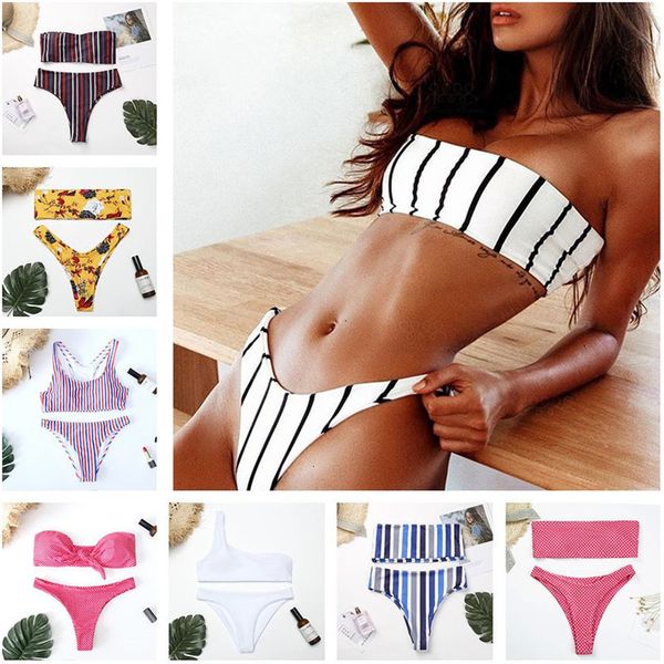 

striped bow dot print women bikini off shoulder floral hit color bandeau maillot de bain strapless bikinis femme, White;black