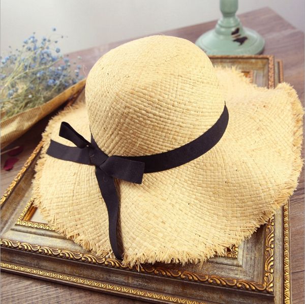 

lafite woolen bowknot straw outdoor travel sunscreen straw sunscreen hat foldable large eaves hat, Blue;gray