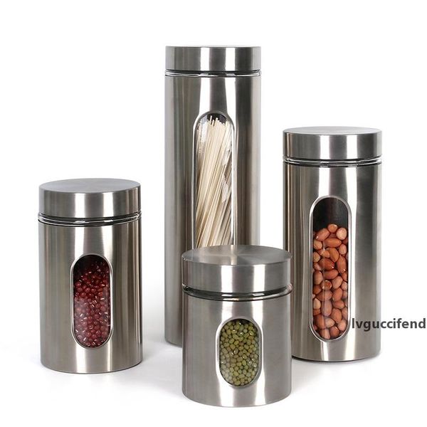 

stainless steel kitchen food jar sealed cans household glass covered with transparent jar tea grain storage cans lx2486