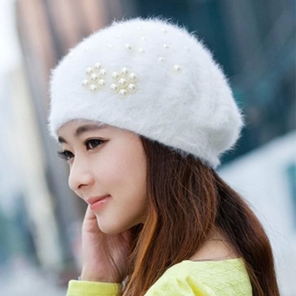 

winter korean knitted beret women's fashionable pearl rabbit hair knitted hat white beret rex rabbit hair hat, Blue;gray