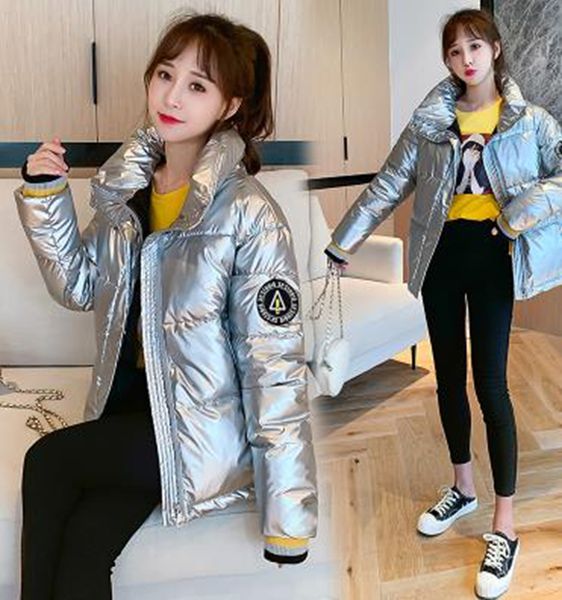

wholesale women's stand collar short short loose glossy waterproof bread clothing warm cotton jacket, Black