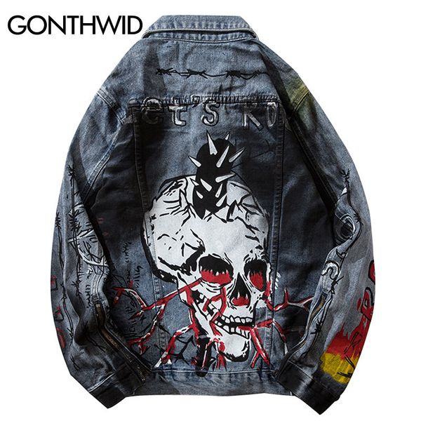 

gonthwid graffiti skull print sleeve zippers denim jackets streetwear hip hop casual punk rock jeans jacket coats hipster cx200730, Black;brown