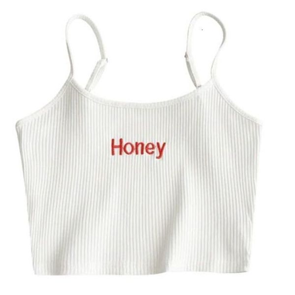 

women spaghetti strap crop ribbed knit stretch camisole honey letters embroidery mini vest festival party clubwear xs s, White